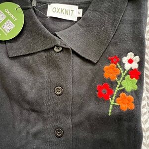 OXKNIT Black Vintage Embroidered Floral Cardigan Top